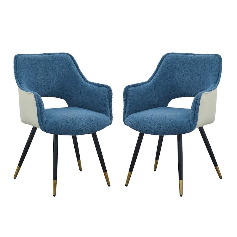 Blue Boucle Accent Armchair with Gold-Tipped Metal Legs Two-Tone Velvet