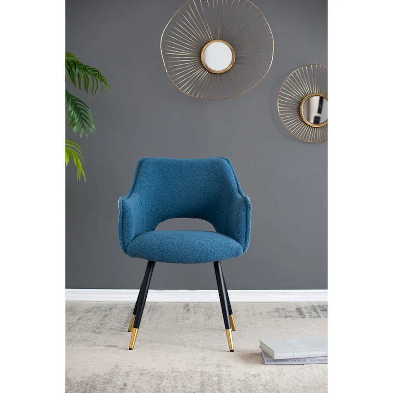 Blue Boucle Accent Armchair with Gold-Tipped Metal Legs Two-Tone Velvet