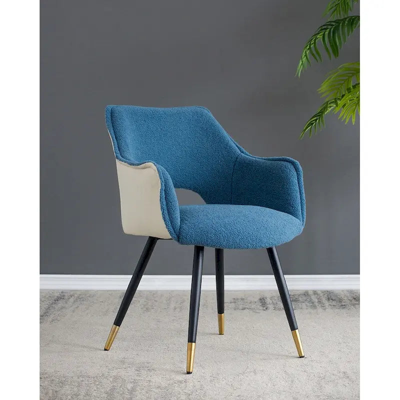Blue Boucle Accent Armchair with Gold-Tipped Metal Legs Two-Tone Velvet