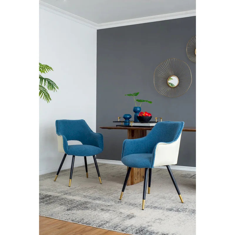 Blue Boucle Accent Armchair with Gold-Tipped Metal Legs Two-Tone Velvet