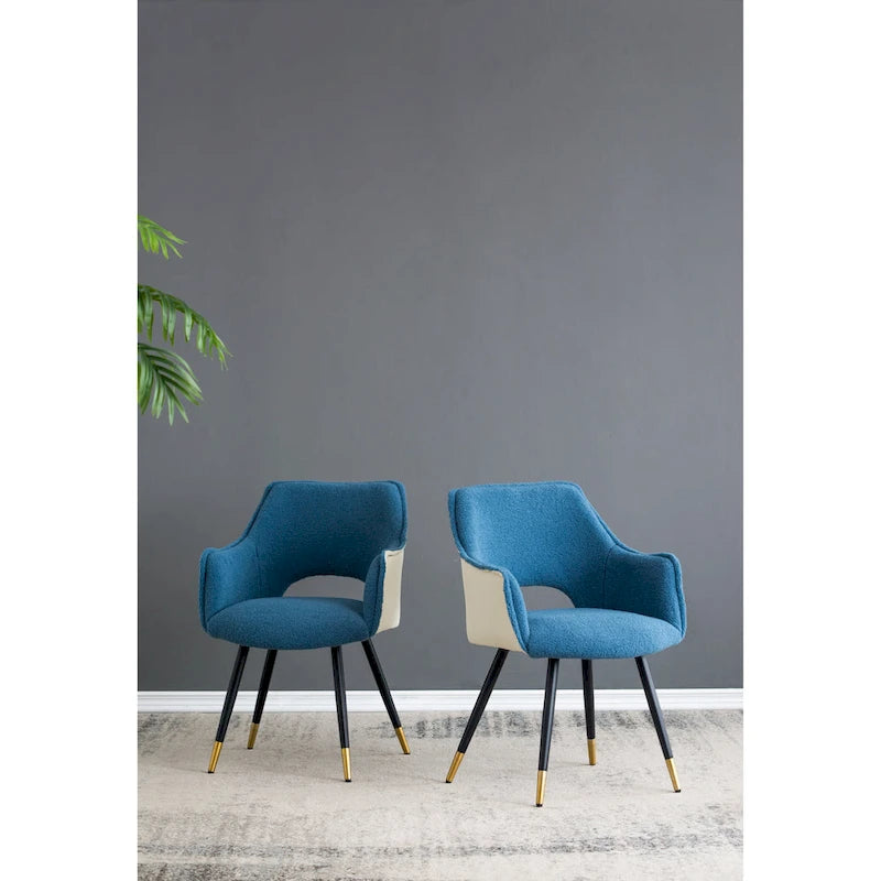Blue Boucle Accent Armchair with Gold-Tipped Metal Legs Two-Tone Velvet