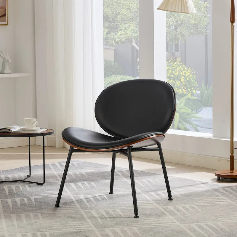 Black PU Leather Accent Lounge Chair with Walnut Finish Metal Legs