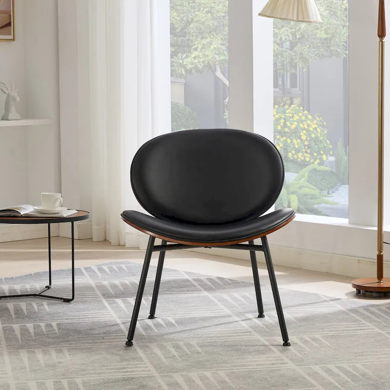 Black PU Leather Accent Lounge Chair with Walnut Finish Metal Legs