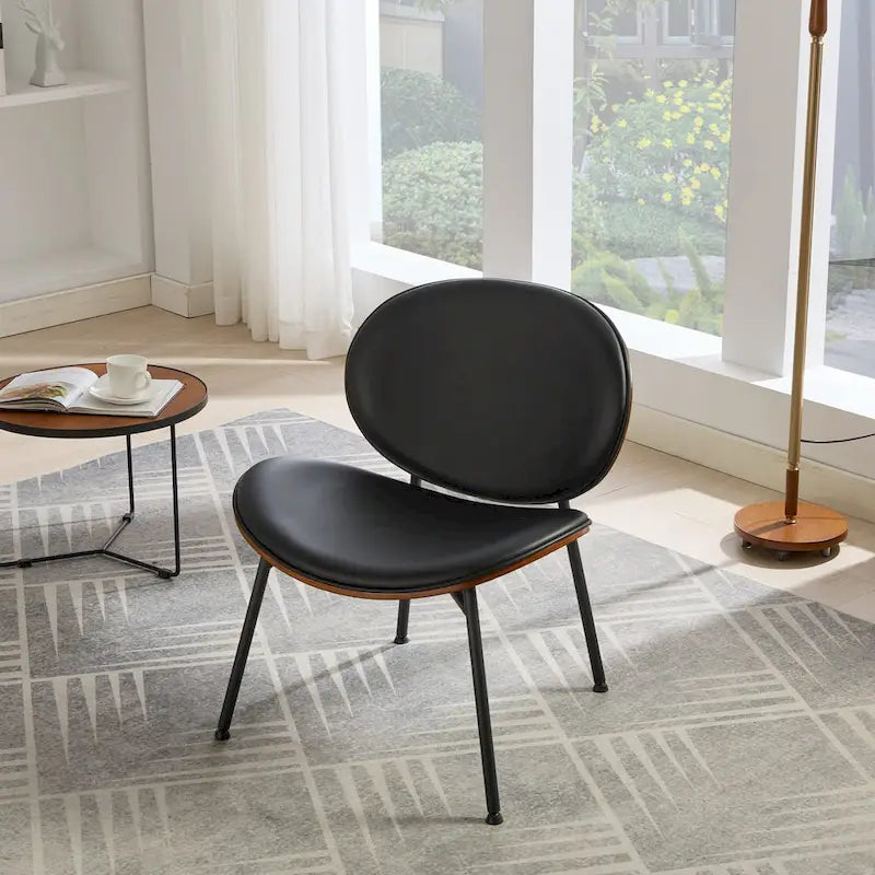 Black PU Leather Accent Lounge Chair with Walnut Finish Metal Legs