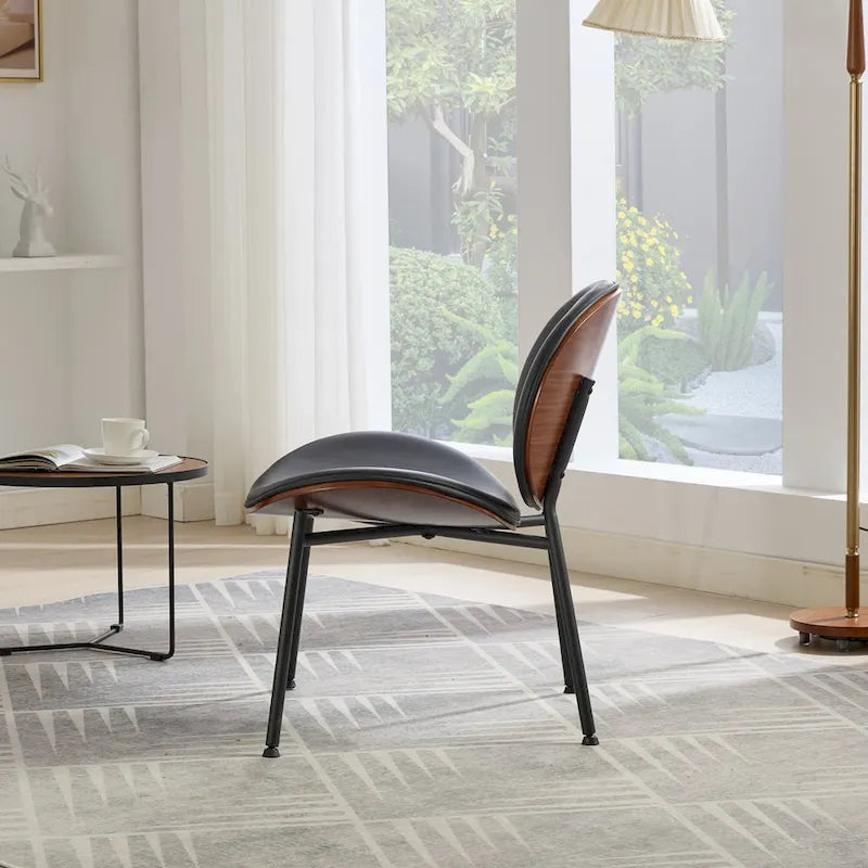 Black PU Leather Accent Lounge Chair with Walnut Finish Metal Legs