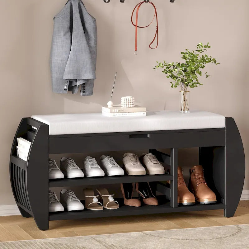 Cushioned Storage Bench with Shoe Rack Open Shelves Curved Side Panels