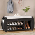 Cushioned Storage Bench with Shoe Rack Open Shelves Curved Side Panels