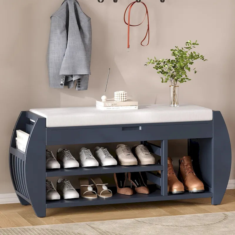 Banc de rangement rembourré avec étagère à chaussures ouverte et panneaux latéraux incurvés