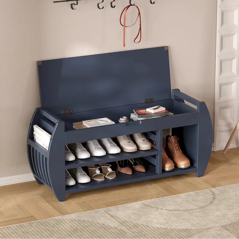 Cushioned Storage Bench with Shoe Rack Open Shelves Curved Side Panels