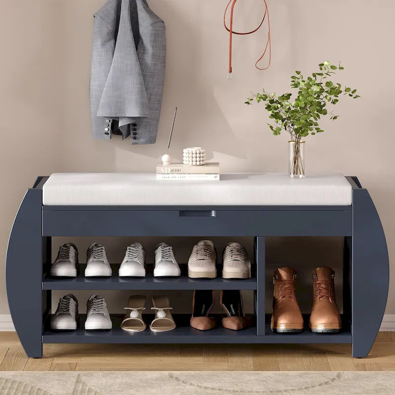 Cushioned Storage Bench with Shoe Rack Open Shelves Curved Side Panels