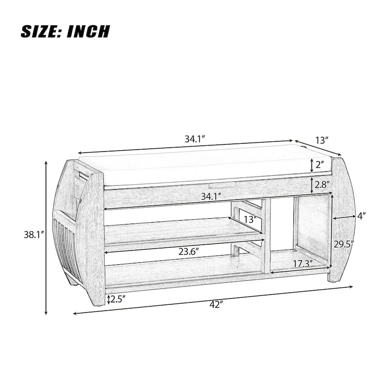 Cushioned Storage Bench with Shoe Rack Open Shelves Curved Side Panels
