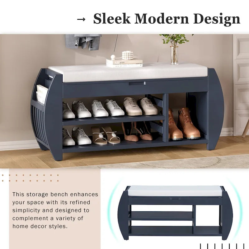 Cushioned Storage Bench with Shoe Rack Open Shelves Curved Side Panels