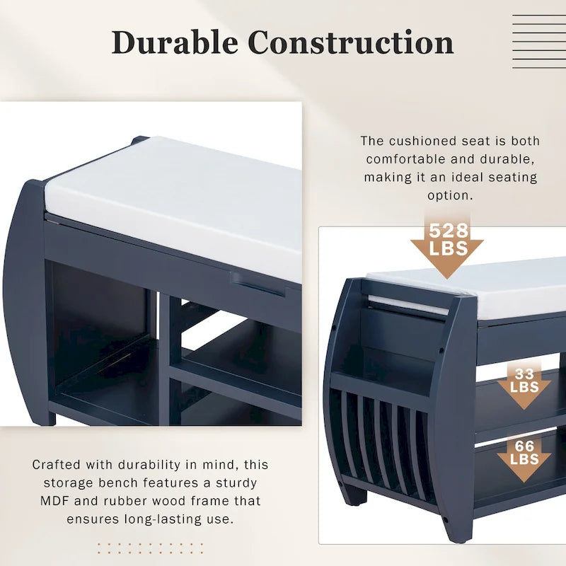Cushioned Storage Bench with Shoe Rack Open Shelves Curved Side Panels