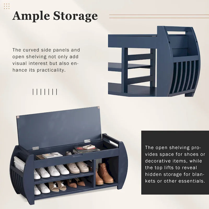 Cushioned Storage Bench with Shoe Rack Open Shelves Curved Side Panels
