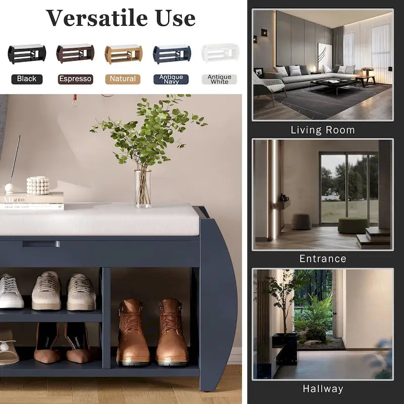 Cushioned Storage Bench with Shoe Rack Open Shelves Curved Side Panels