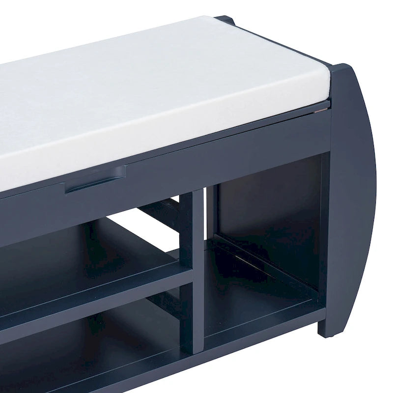 Cushioned Storage Bench with Shoe Rack Open Shelves Curved Side Panels