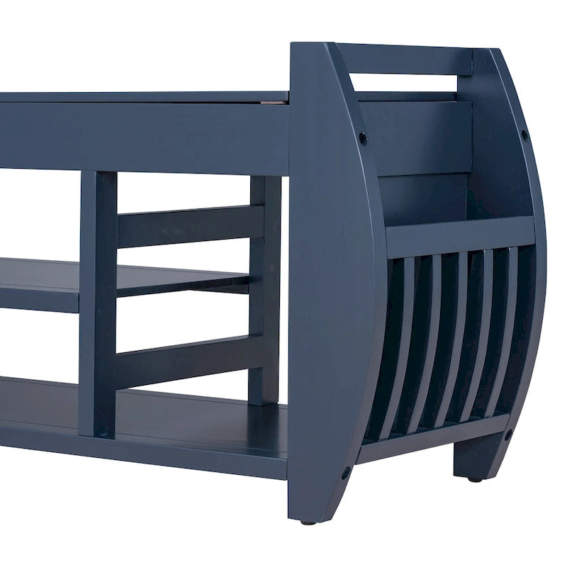 Cushioned Storage Bench with Shoe Rack Open Shelves Curved Side Panels