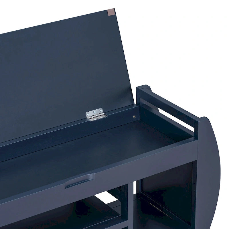 Cushioned Storage Bench with Shoe Rack Open Shelves Curved Side Panels