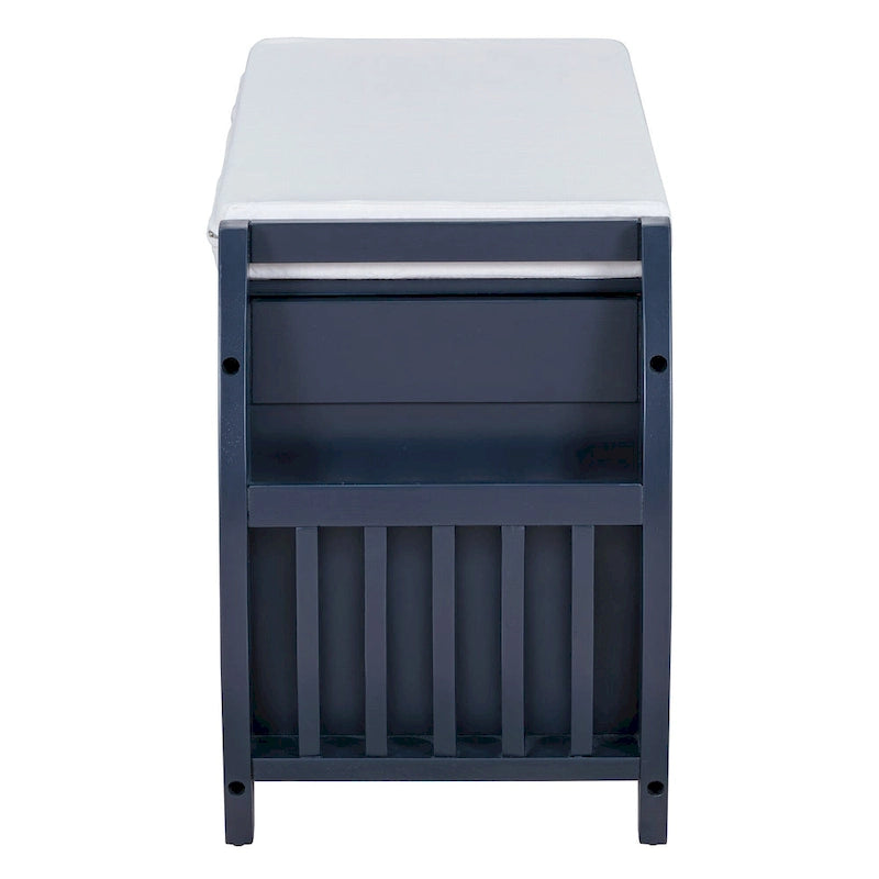 Cushioned Storage Bench with Shoe Rack Open Shelves Curved Side Panels