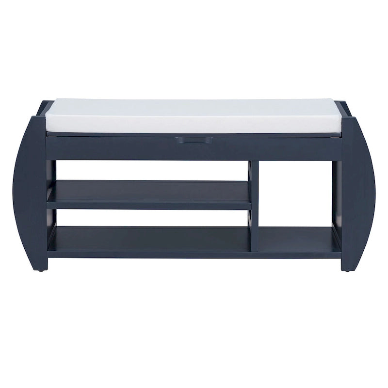 Cushioned Storage Bench with Shoe Rack Open Shelves Curved Side Panels