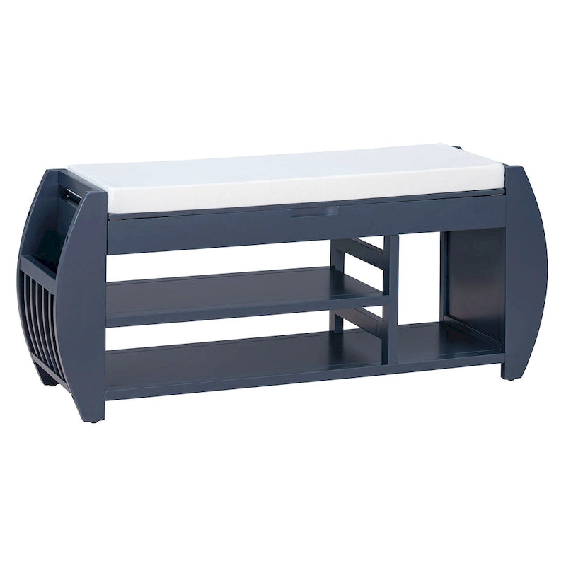 Cushioned Storage Bench with Shoe Rack Open Shelves Curved Side Panels