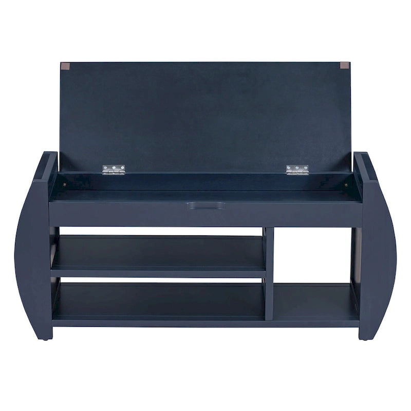 Cushioned Storage Bench with Shoe Rack Open Shelves Curved Side Panels