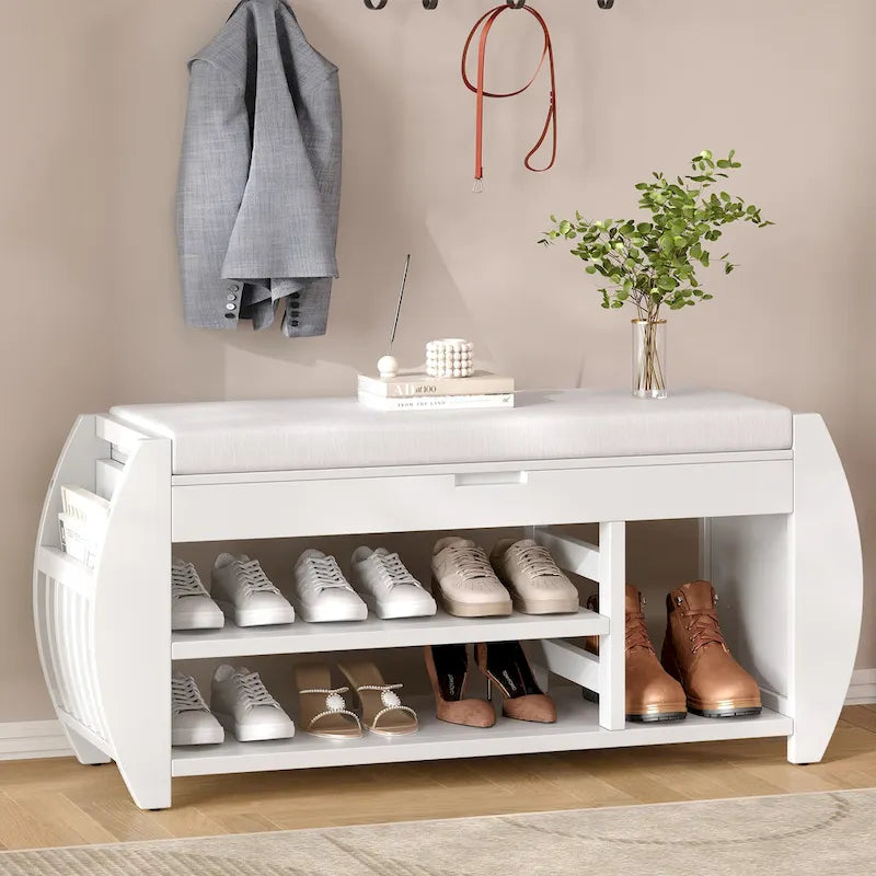 Cushioned Storage Bench with Shoe Rack Open Shelves Curved Side Panels