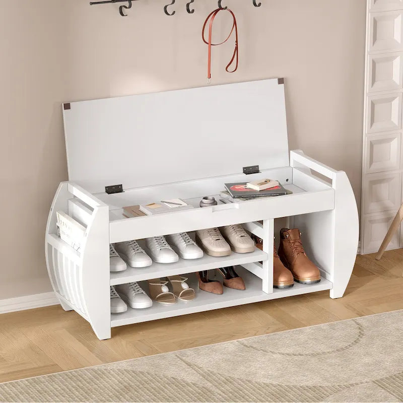 Cushioned Storage Bench with Shoe Rack Open Shelves Curved Side Panels