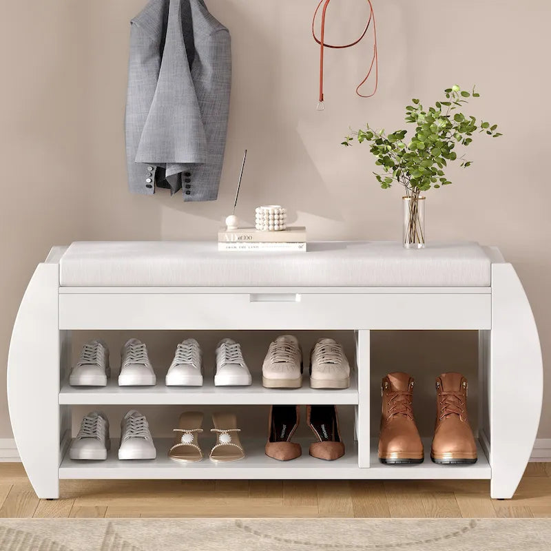 Cushioned Storage Bench with Shoe Rack Open Shelves Curved Side Panels