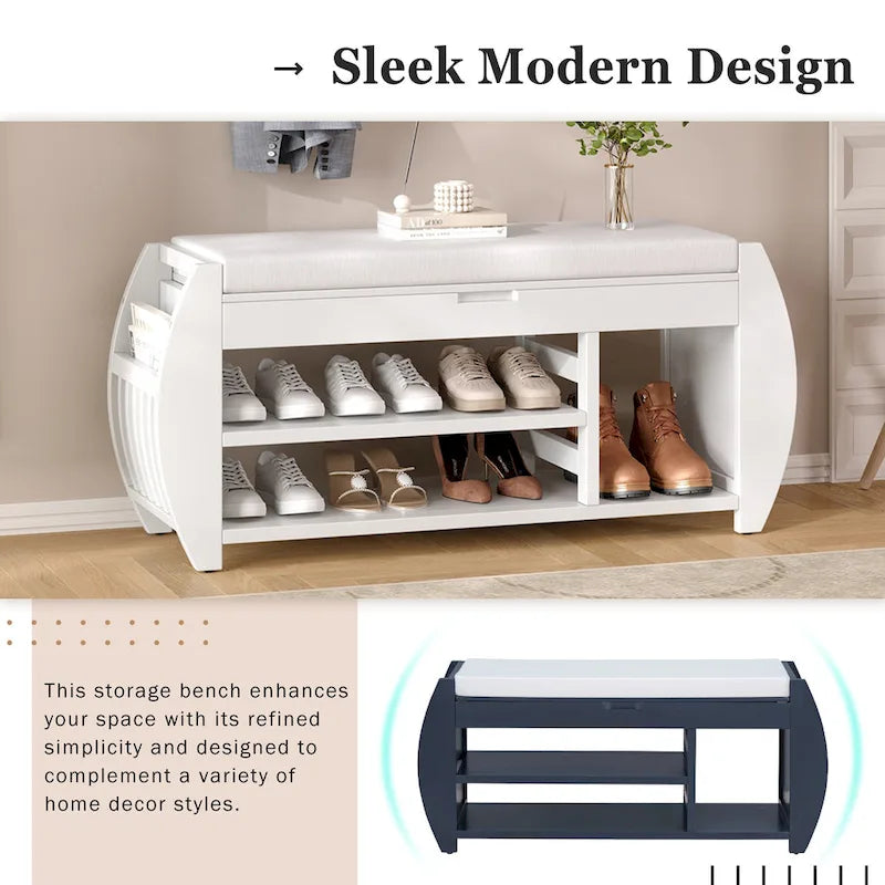 Cushioned Storage Bench with Shoe Rack Open Shelves Curved Side Panels