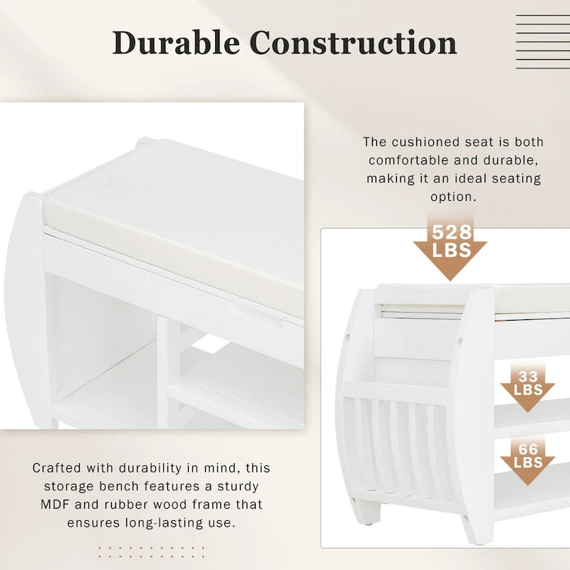 Cushioned Storage Bench with Shoe Rack Open Shelves Curved Side Panels