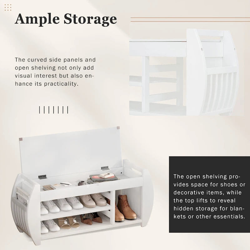 Cushioned Storage Bench with Shoe Rack Open Shelves Curved Side Panels