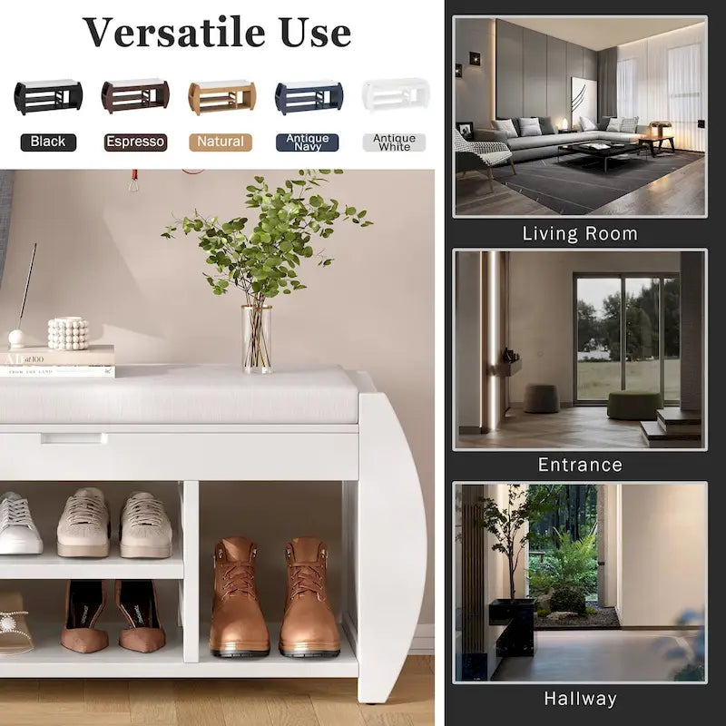 Cushioned Storage Bench with Shoe Rack Open Shelves Curved Side Panels