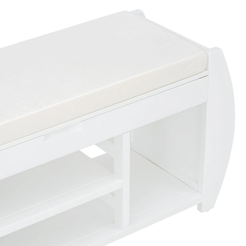 Cushioned Storage Bench with Shoe Rack Open Shelves Curved Side Panels
