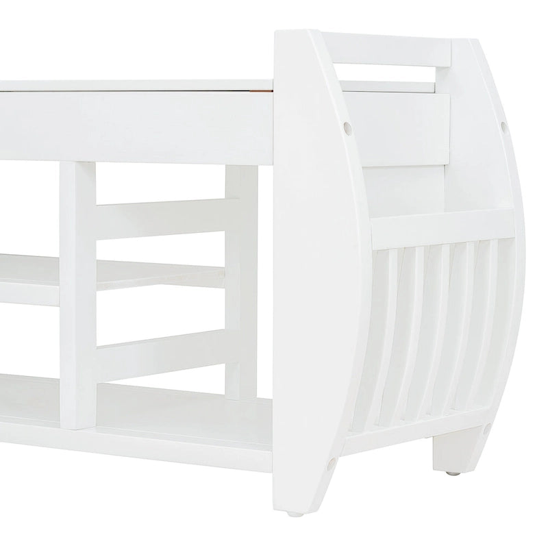 Cushioned Storage Bench with Shoe Rack Open Shelves Curved Side Panels