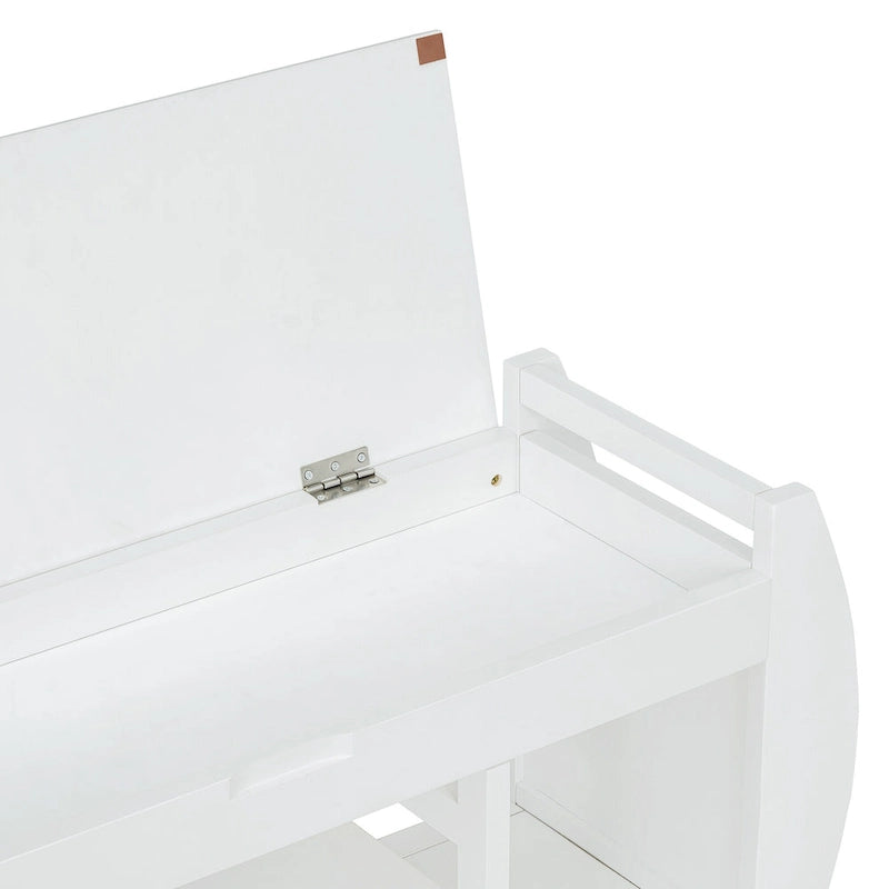 Cushioned Storage Bench with Shoe Rack Open Shelves Curved Side Panels