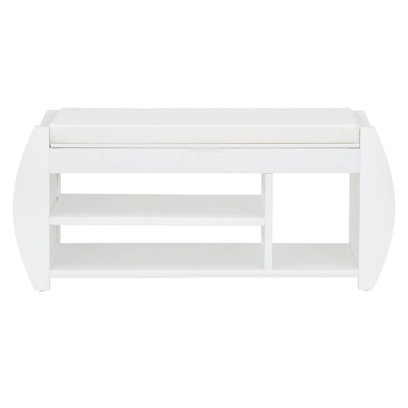 Cushioned Storage Bench with Shoe Rack Open Shelves Curved Side Panels