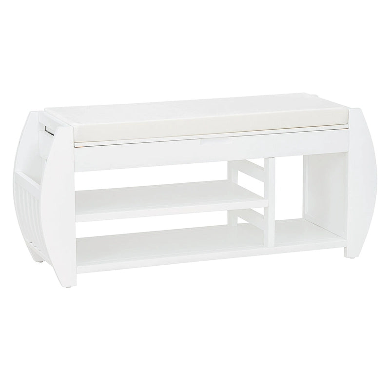 Cushioned Storage Bench with Shoe Rack Open Shelves Curved Side Panels