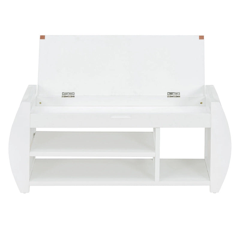 Cushioned Storage Bench with Shoe Rack Open Shelves Curved Side Panels