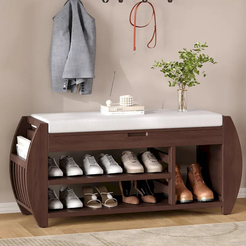 Cushioned Storage Bench with Shoe Rack Open Shelves Curved Side Panels