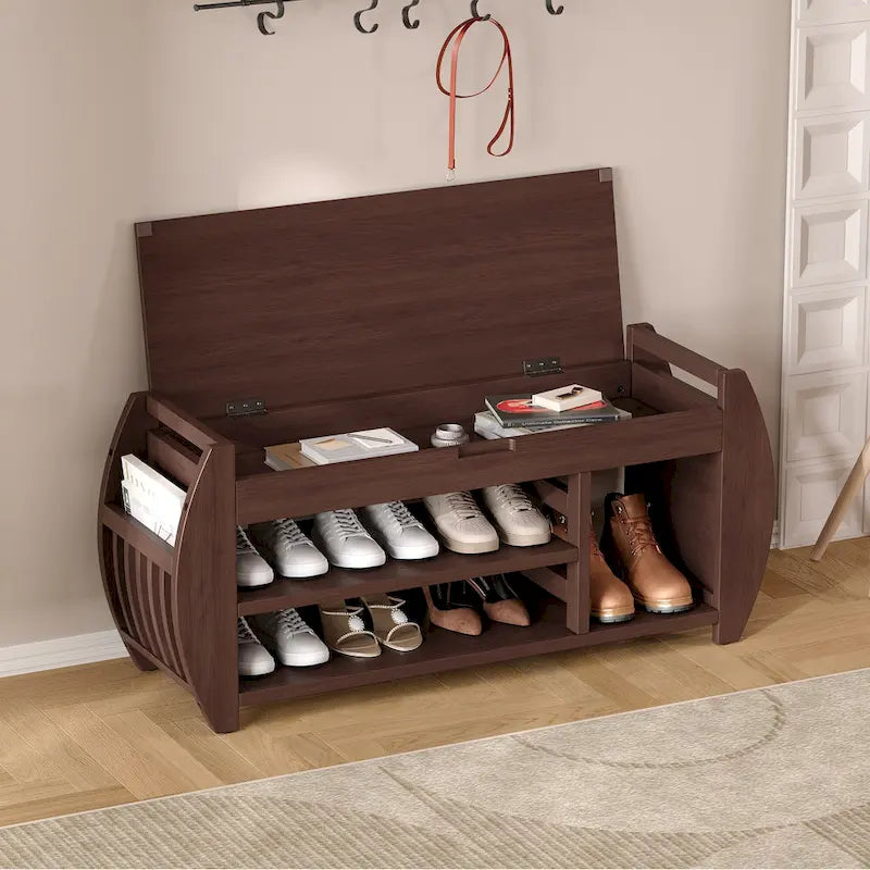 Cushioned Storage Bench with Shoe Rack Open Shelves Curved Side Panels