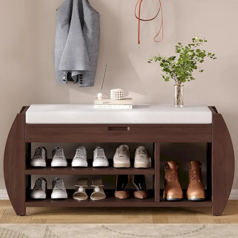 Cushioned Storage Bench with Shoe Rack Open Shelves Curved Side Panels