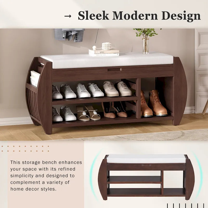 Cushioned Storage Bench with Shoe Rack Open Shelves Curved Side Panels