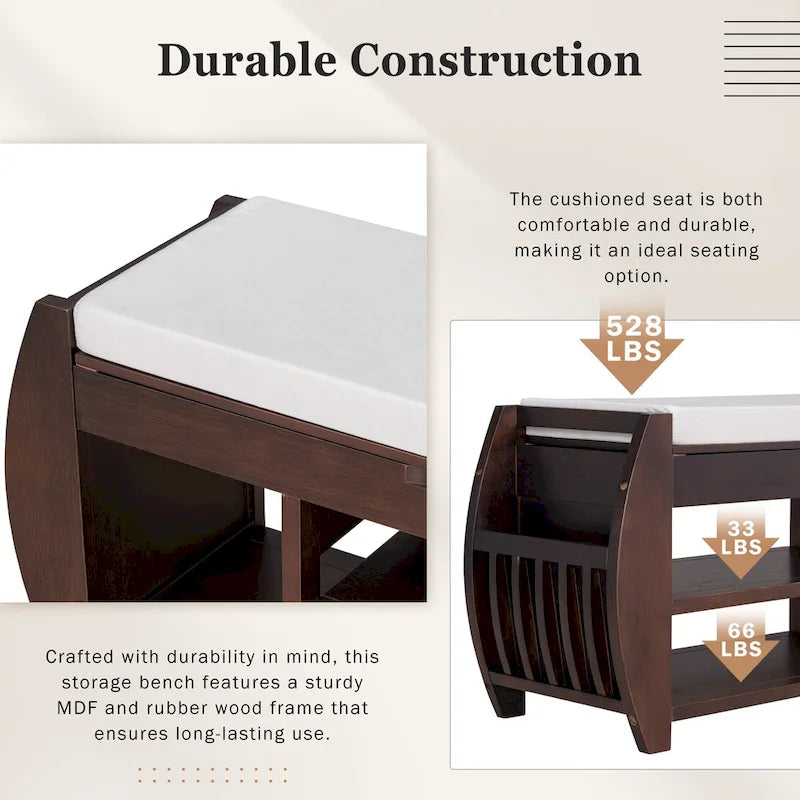 Cushioned Storage Bench with Shoe Rack Open Shelves Curved Side Panels