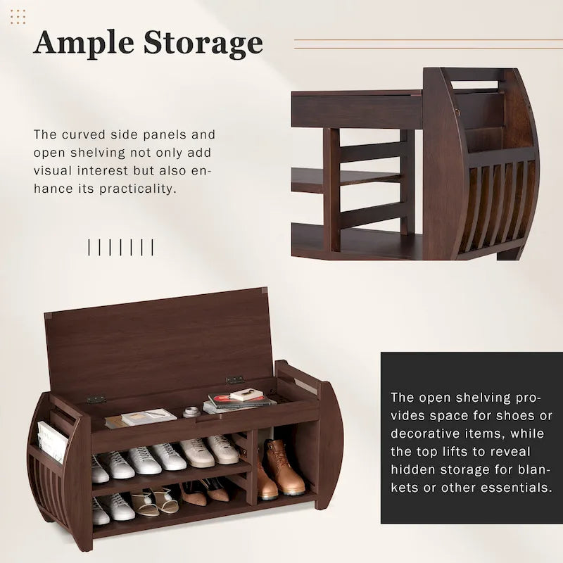 Cushioned Storage Bench with Shoe Rack Open Shelves Curved Side Panels