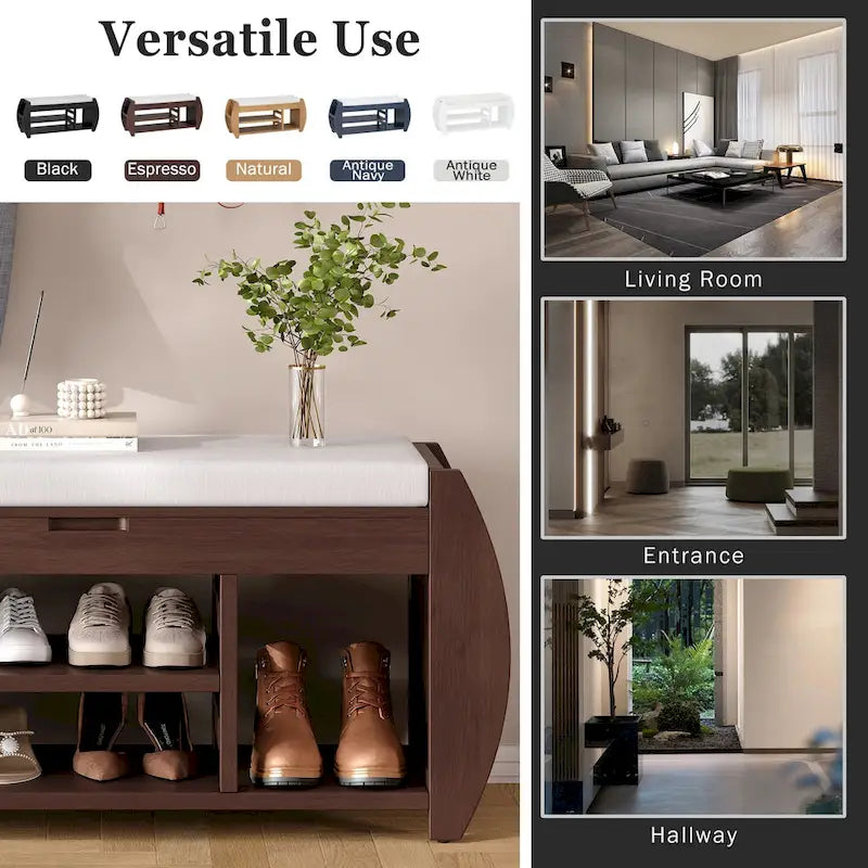 Cushioned Storage Bench with Shoe Rack Open Shelves Curved Side Panels
