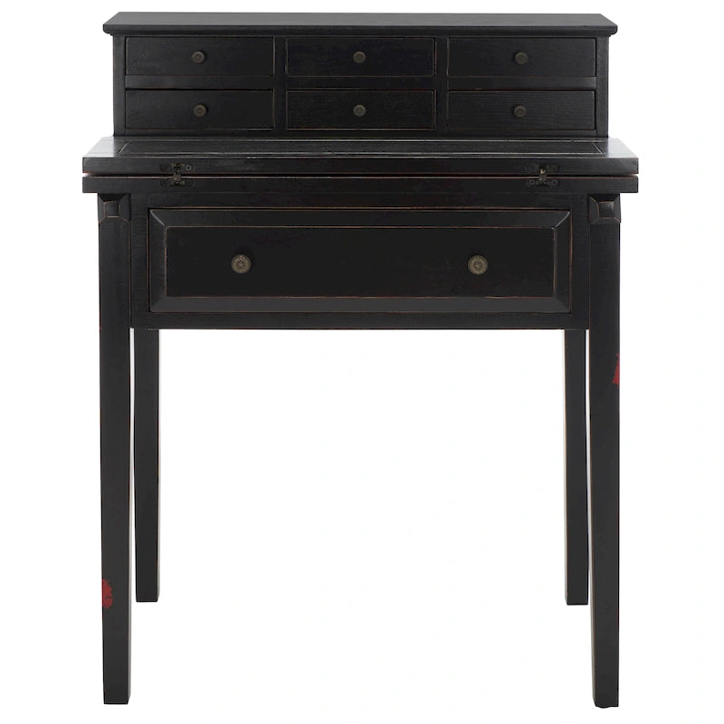 7-Drawer Fold Down Writing Desk with Hutch, Black Distressed Wood