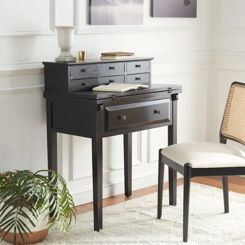 7-Drawer Fold Down Writing Desk with Hutch, Black Distressed Wood