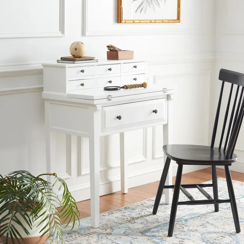 7-Drawer Fold Down Writing Desk with Hutch, Black Distressed Wood