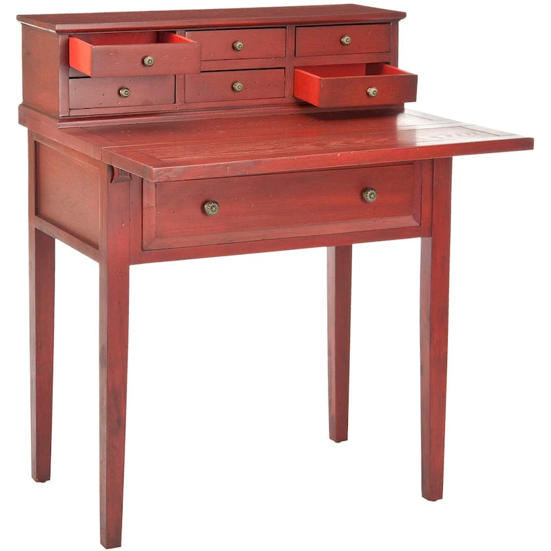 7-Drawer Fold Down Writing Desk with Hutch, Black Distressed Wood